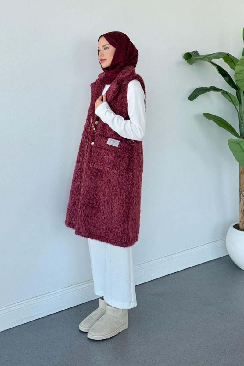 Çantalı Kürklü Yelek Bordo