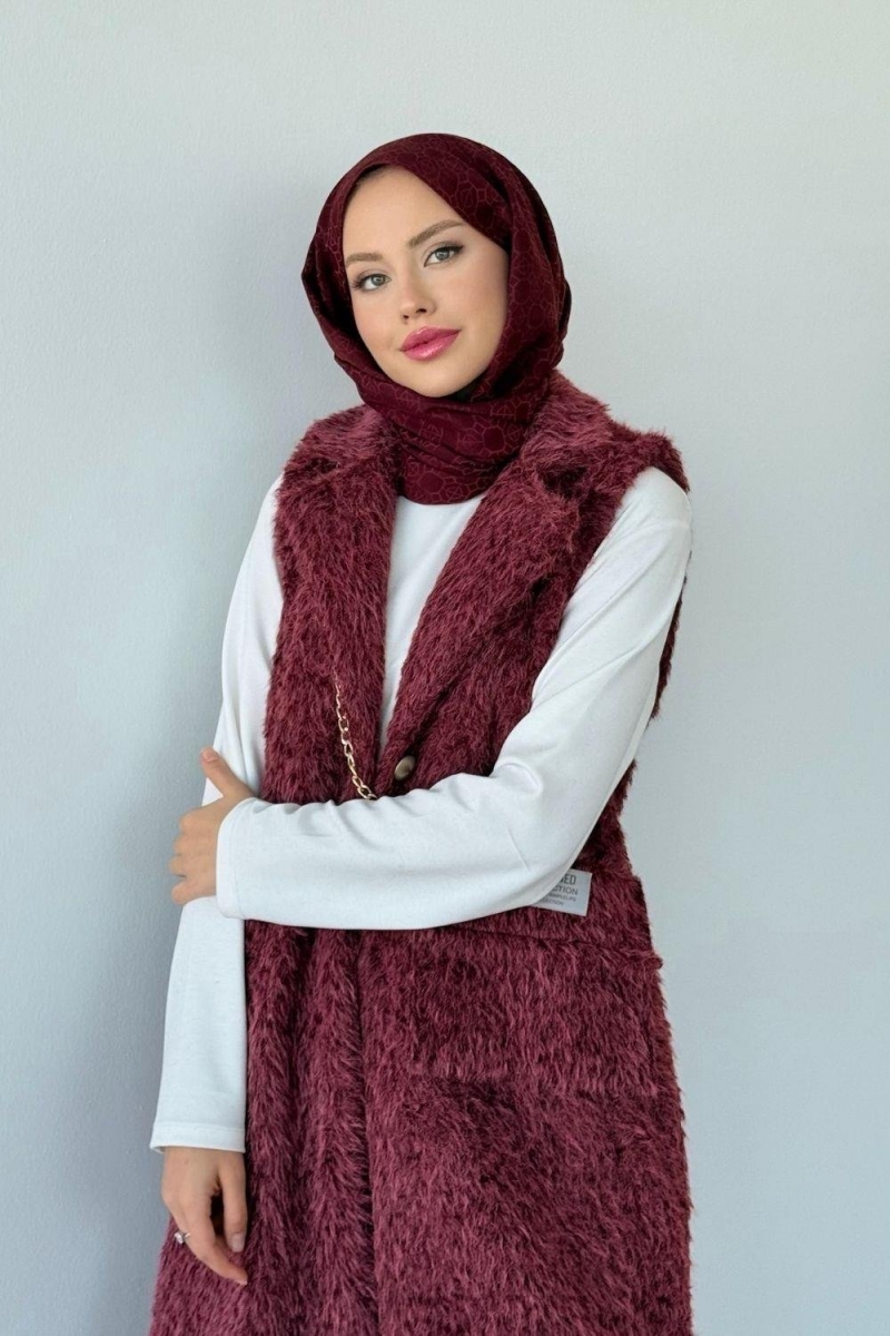Çantalı Kürklü Yelek Bordo