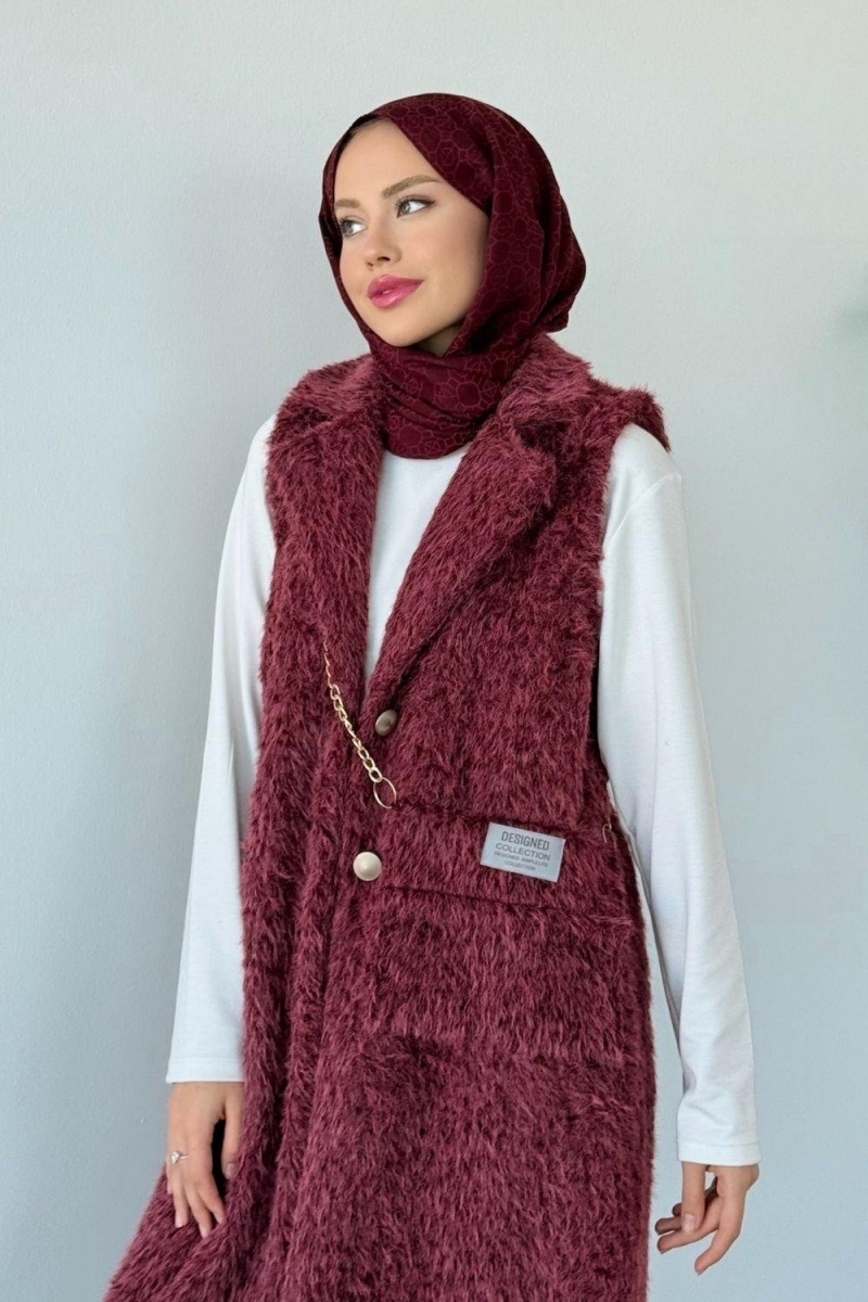 Çantalı Kürklü Yelek Bordo