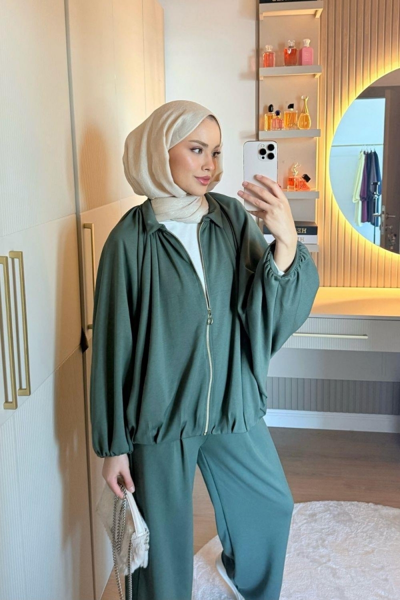 Fermuar Detaylı Yeşil Modal Takım