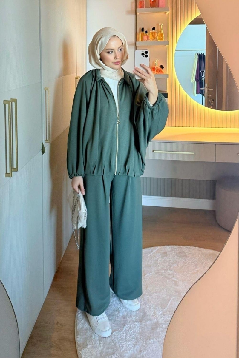 Fermuar Detaylı Yeşil Modal Takım