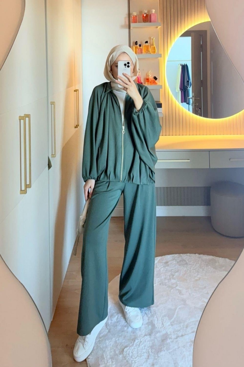 Fermuar Detaylı Yeşil Modal Takım