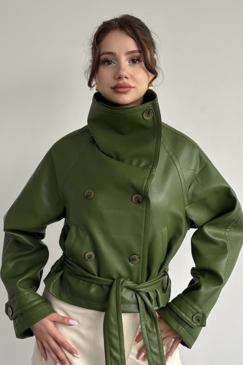 Deri Kemerli Yeşil Trenç