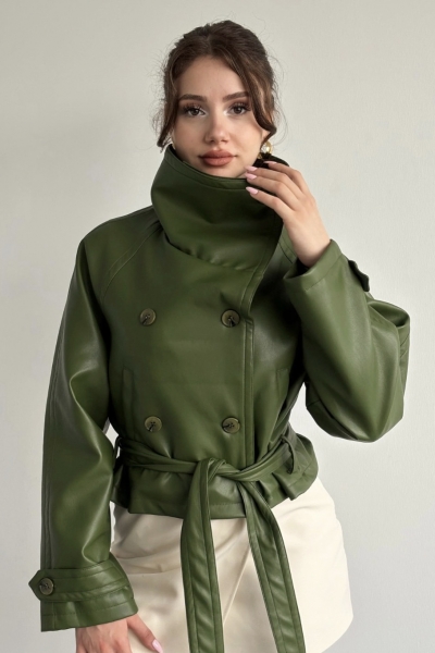 Deri Kemerli Yeşil Trenç