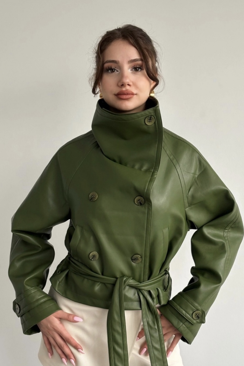 Deri Kemerli Yeşil Trenç