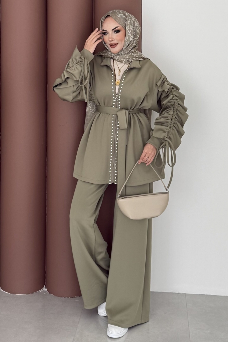 Yağ Yeşili Taşlı Büzgülü Scuba İkili Takım