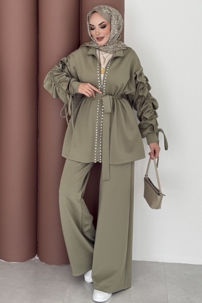 Yağ Yeşili Taşlı Büzgülü Scuba İkili Takım