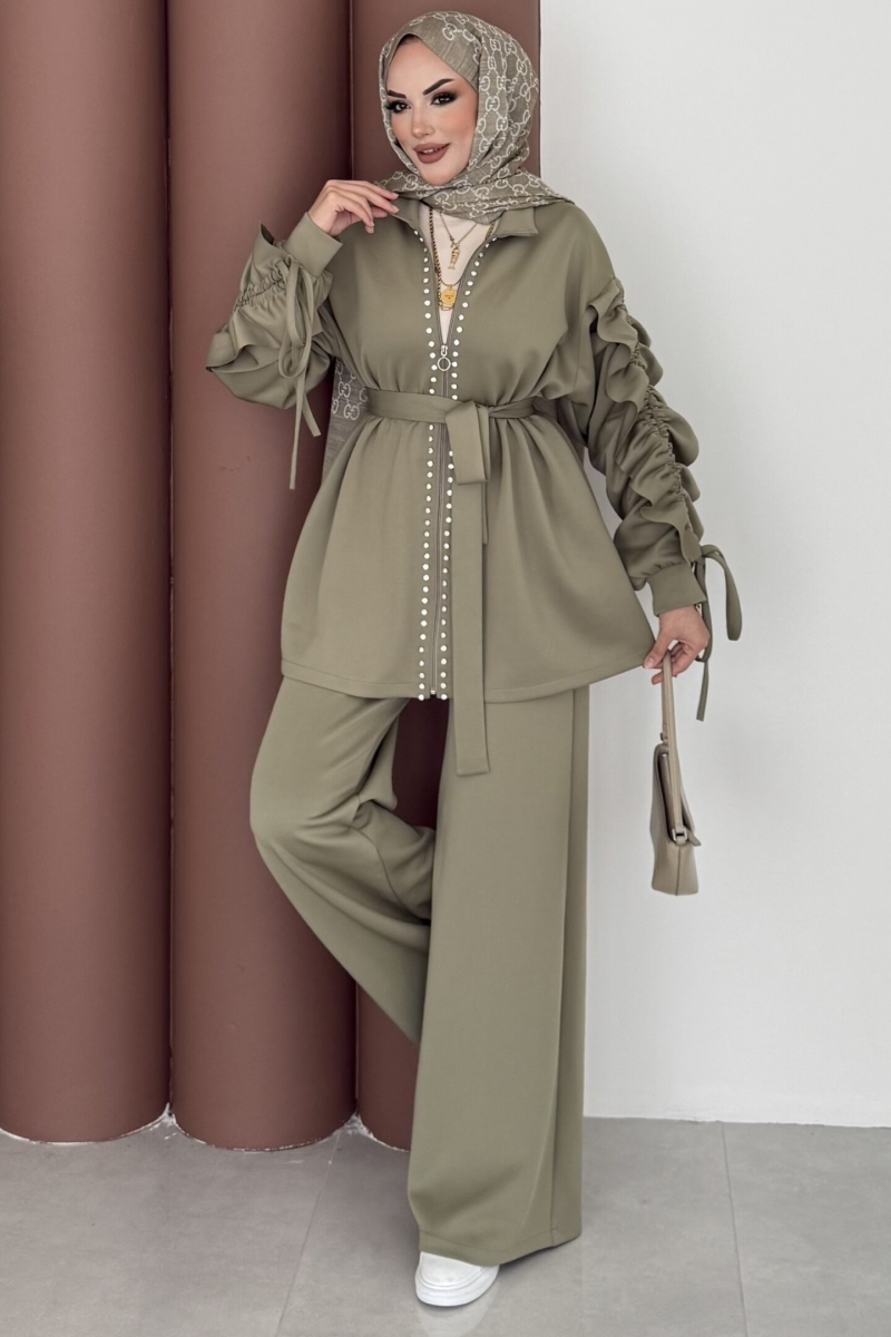 Yağ Yeşili Taşlı Büzgülü Scuba İkili Takım