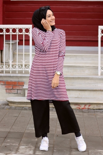 Bryn Bordo Çizgili Tunik