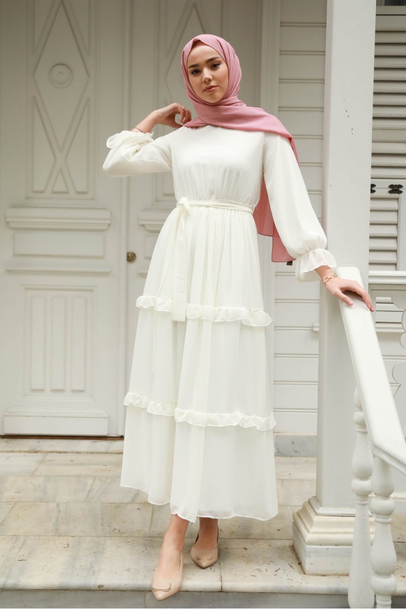 Monica Beyaz Şifon Elbise