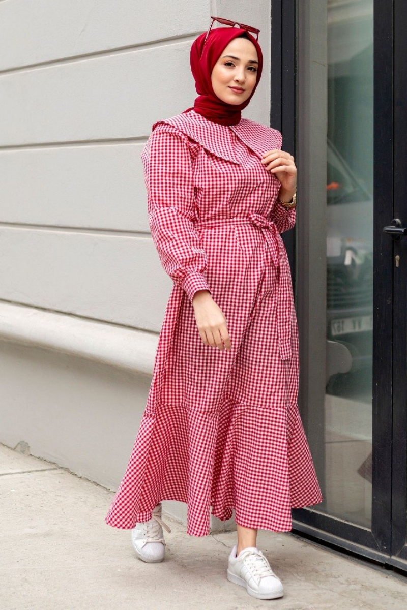 Adrian Kırmızı Pötikare Elbise