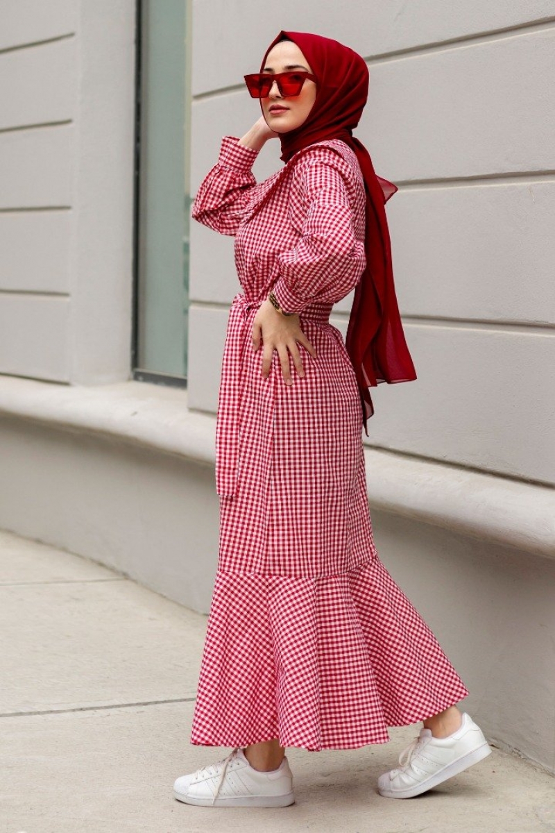 Adrian Kırmızı Pötikare Elbise