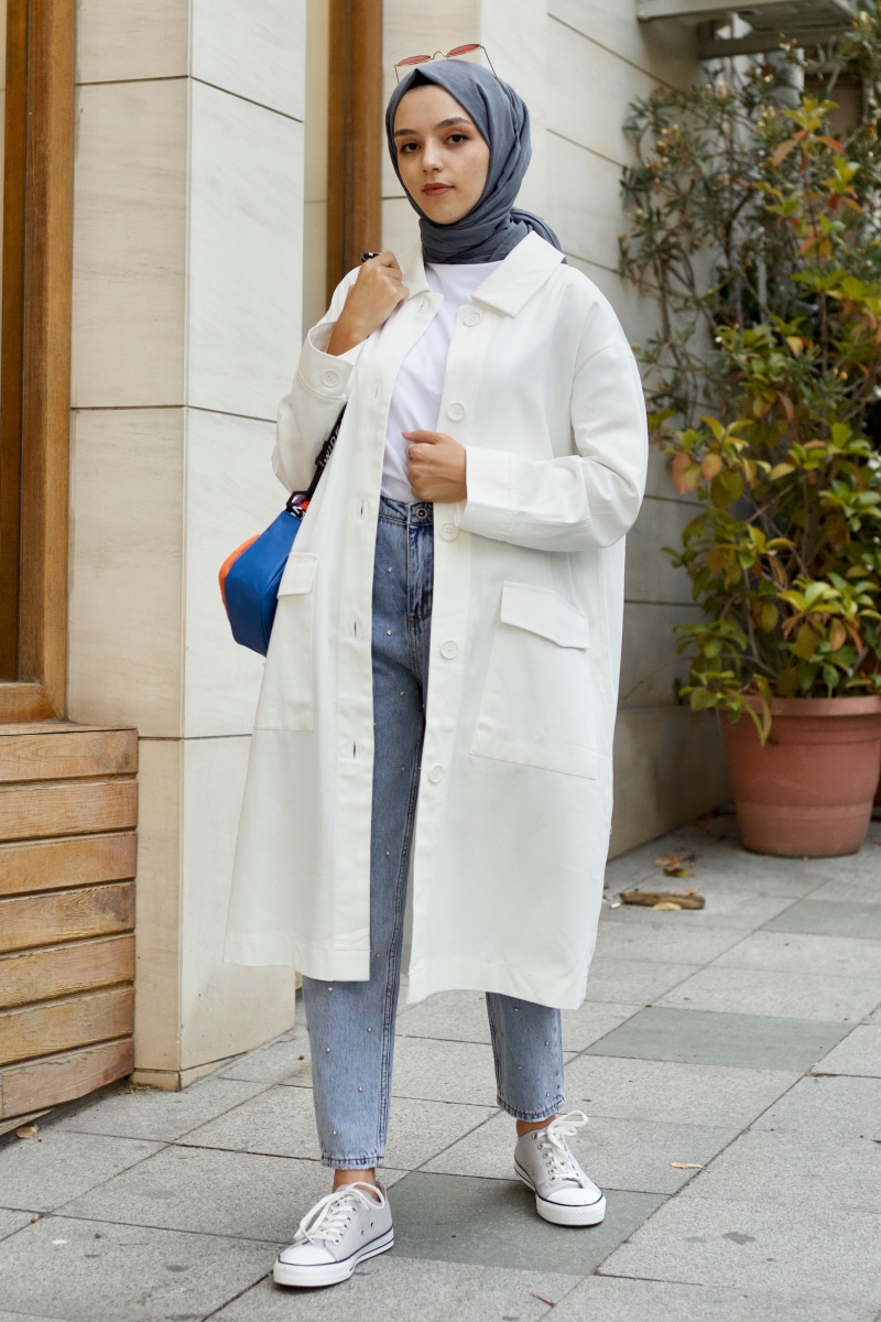 Angel Beyaz Trençkot