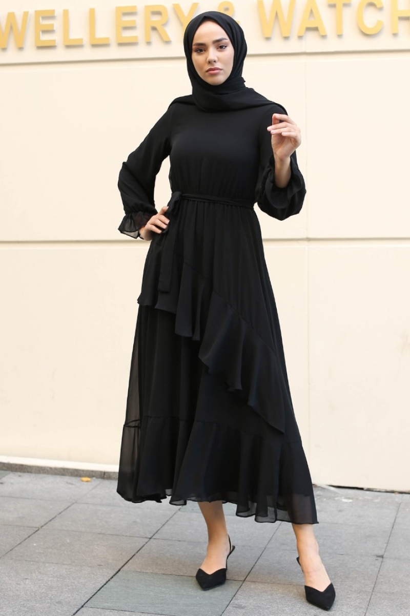 Antona Siyah Şifon Elbise