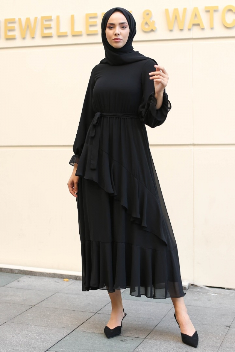 Antona Siyah Şifon Elbise