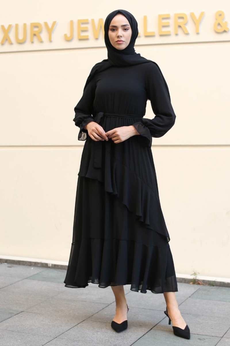 Antona Siyah Şifon Elbise