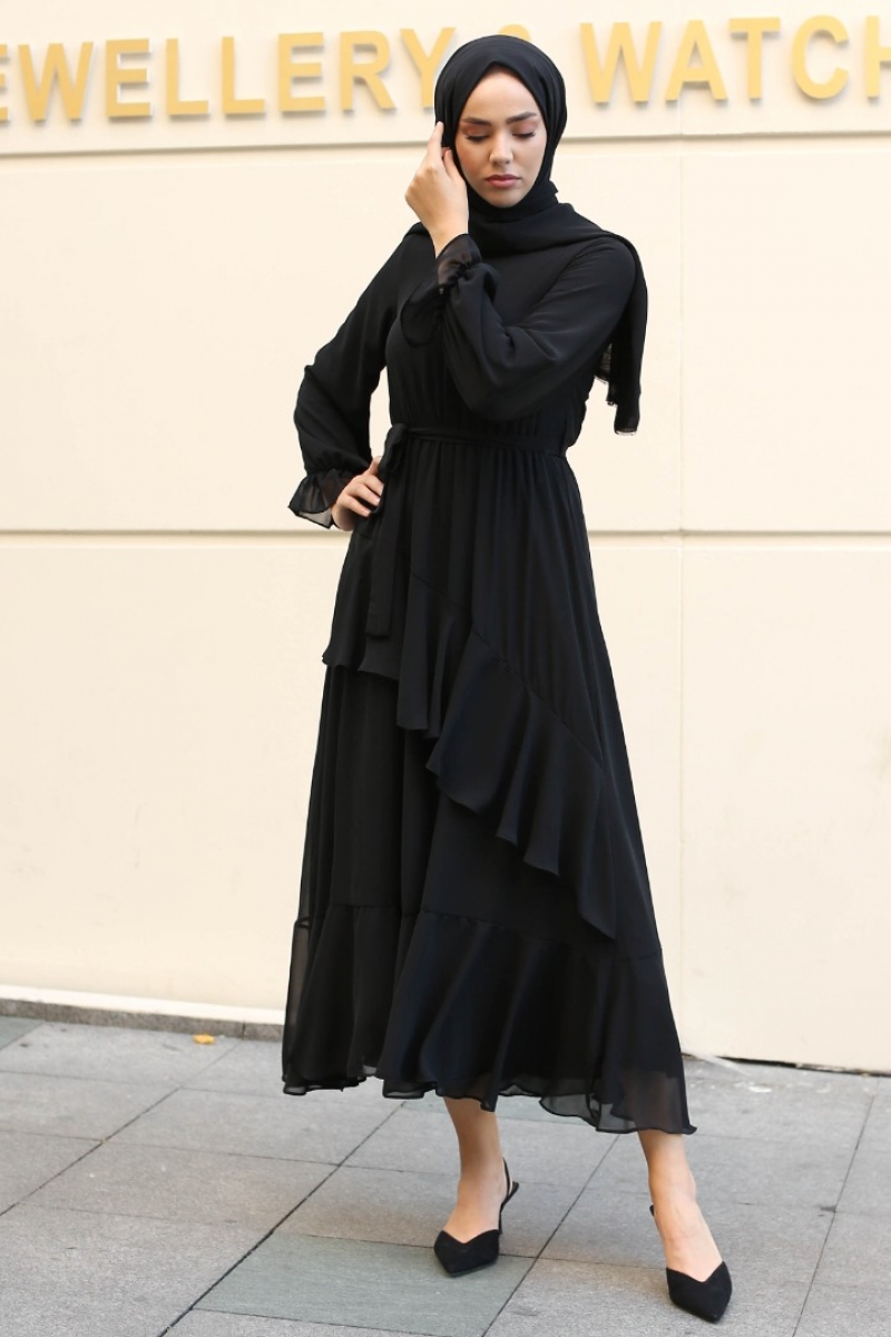 Antona Siyah Şifon Elbise