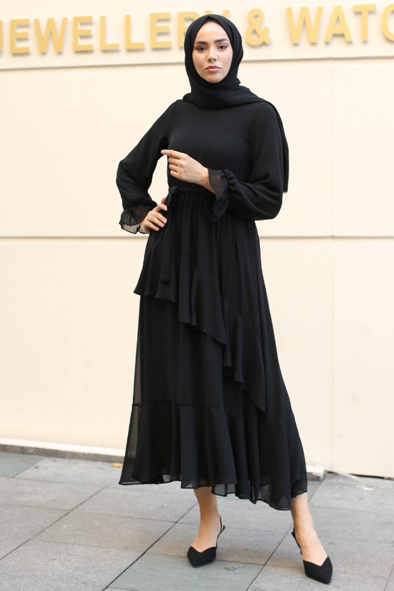 Antona Siyah Şifon Elbise