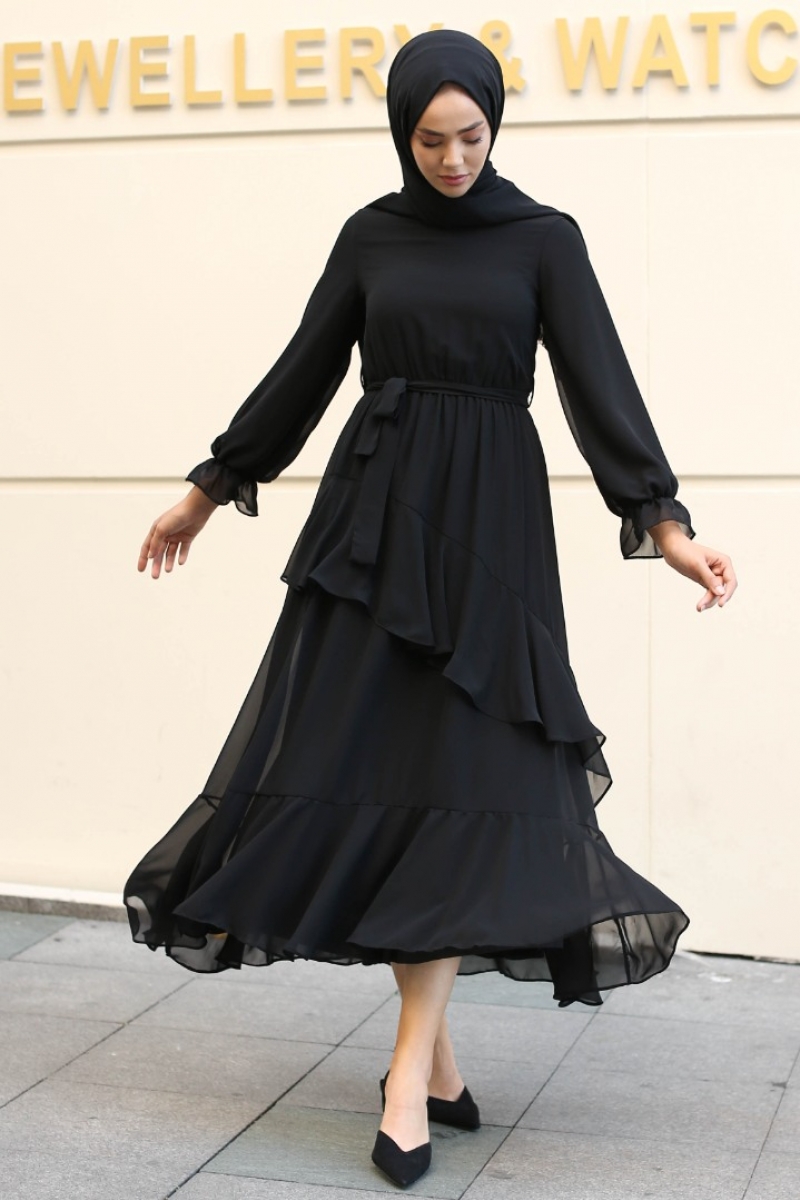 Antona Siyah Şifon Elbise