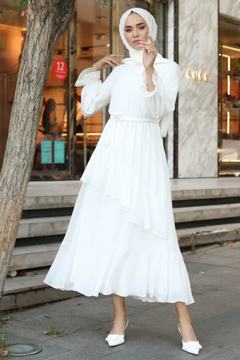 Antona Beyaz Şifon Elbise