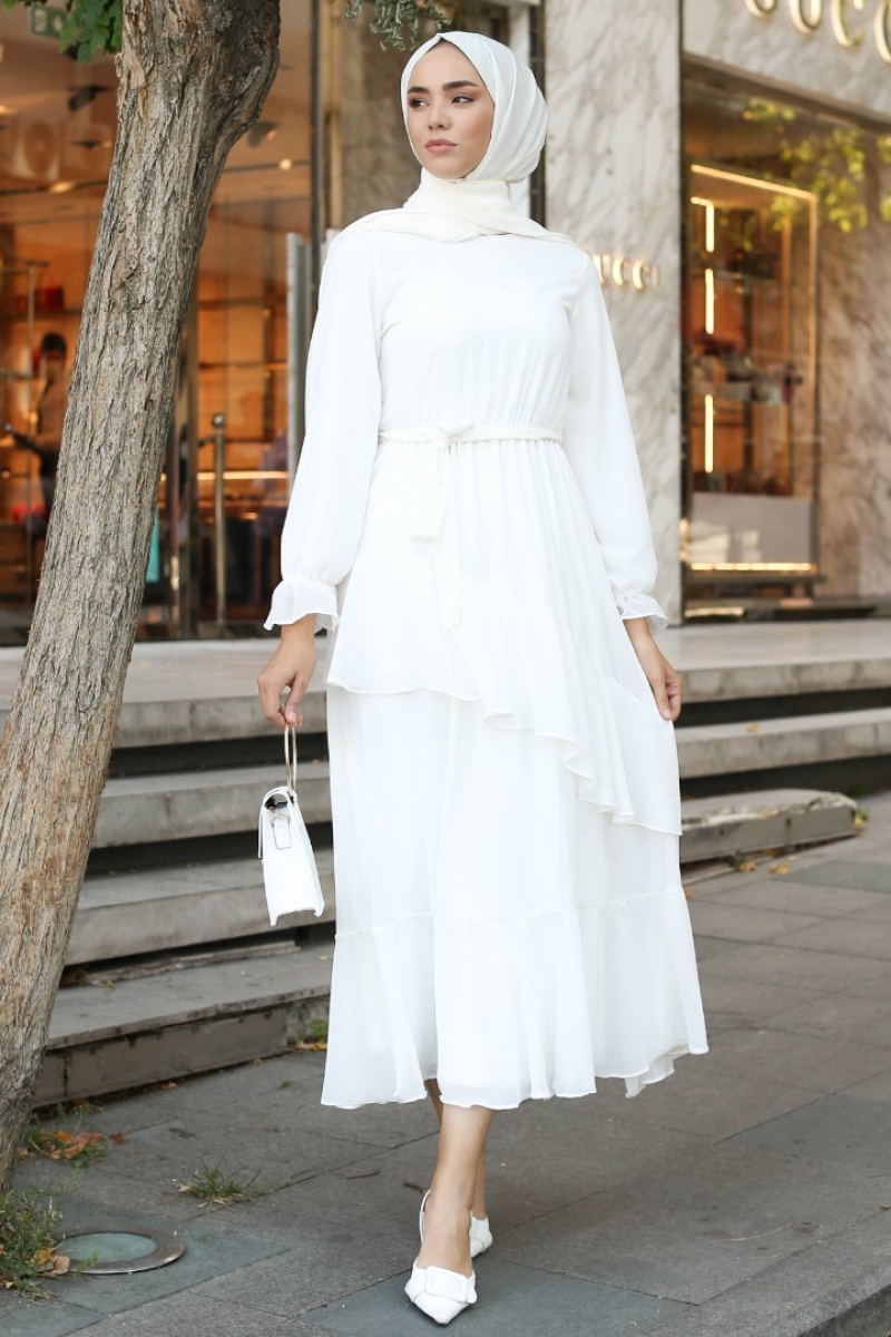 Antona Beyaz Şifon Elbise