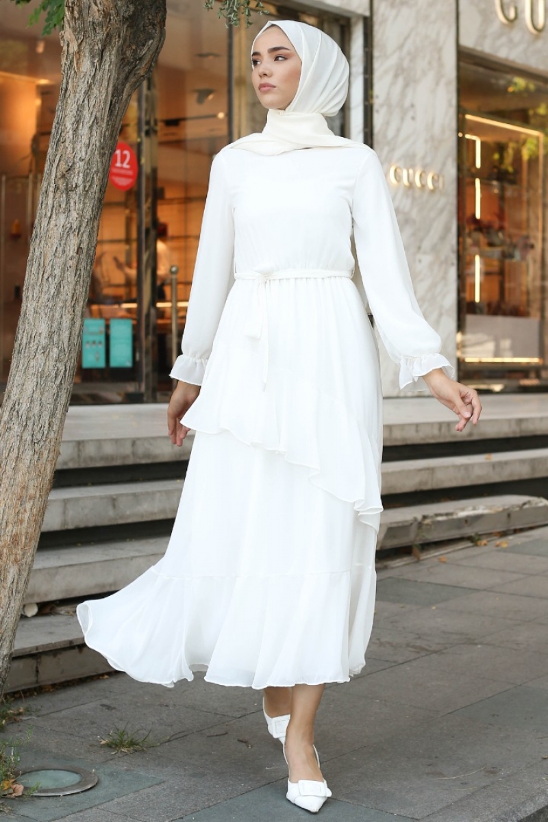 Antona Beyaz Şifon Elbise