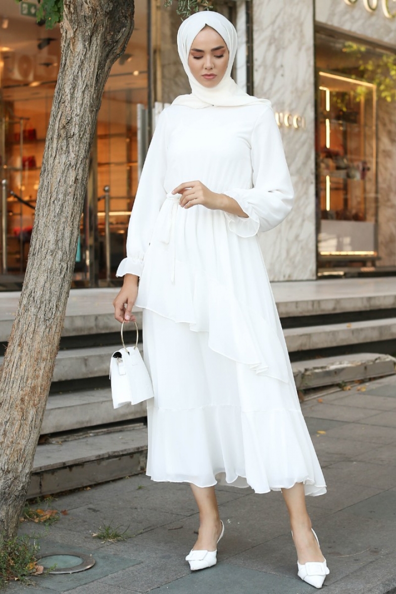 Antona Beyaz Şifon Elbise