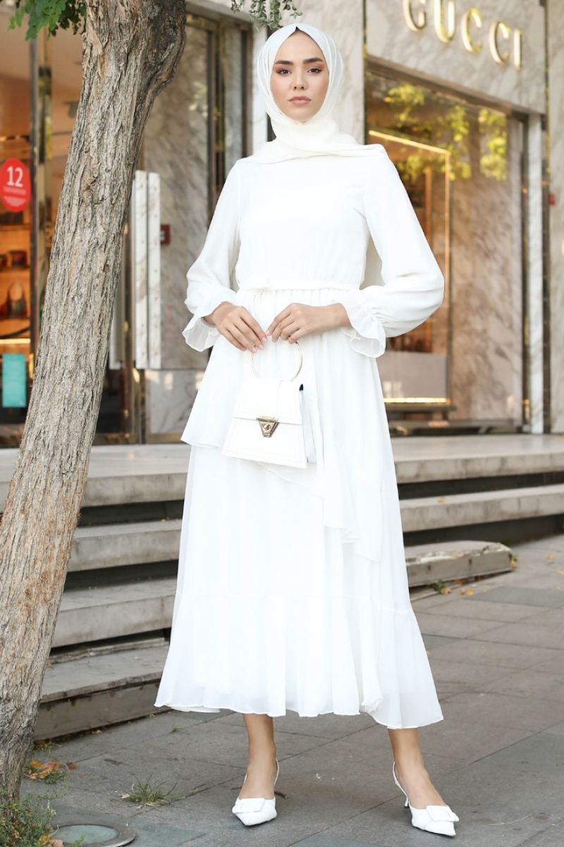 Antona Beyaz Şifon Elbise