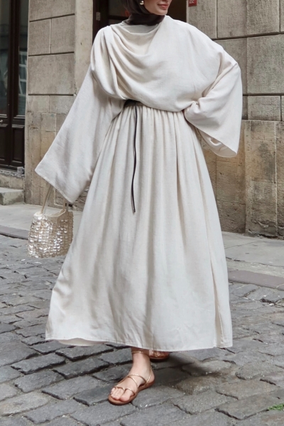 Bonika Ekru Kemerli Elbise