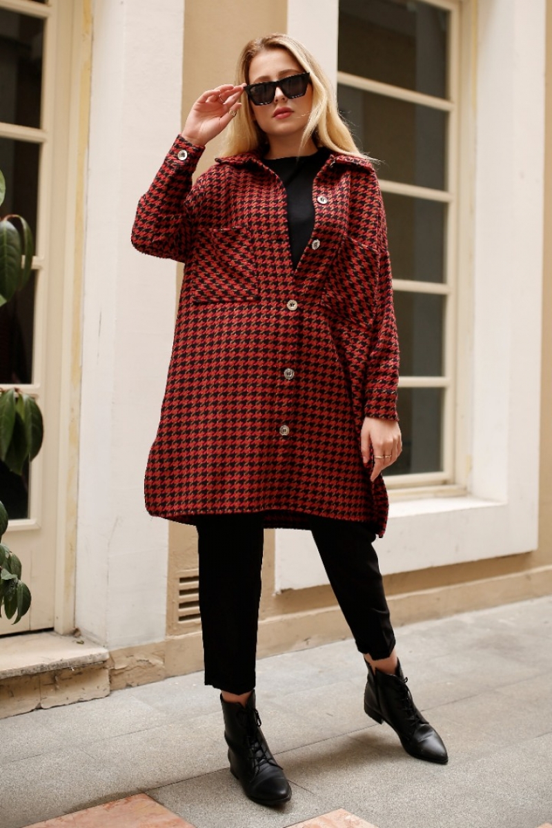 Brandi Kırmızı Kaz Ayağı Ceket Gömlek