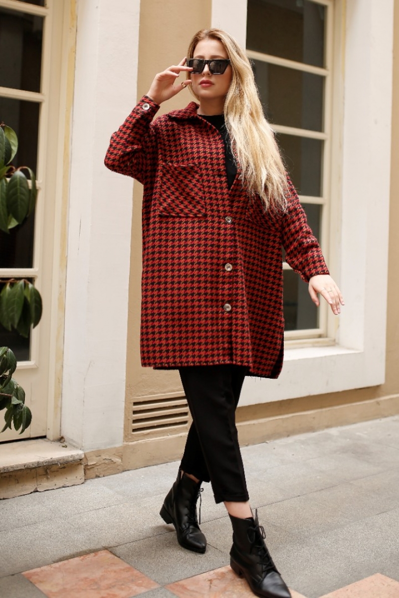 Brandi Kırmızı Kaz Ayağı Ceket Gömlek