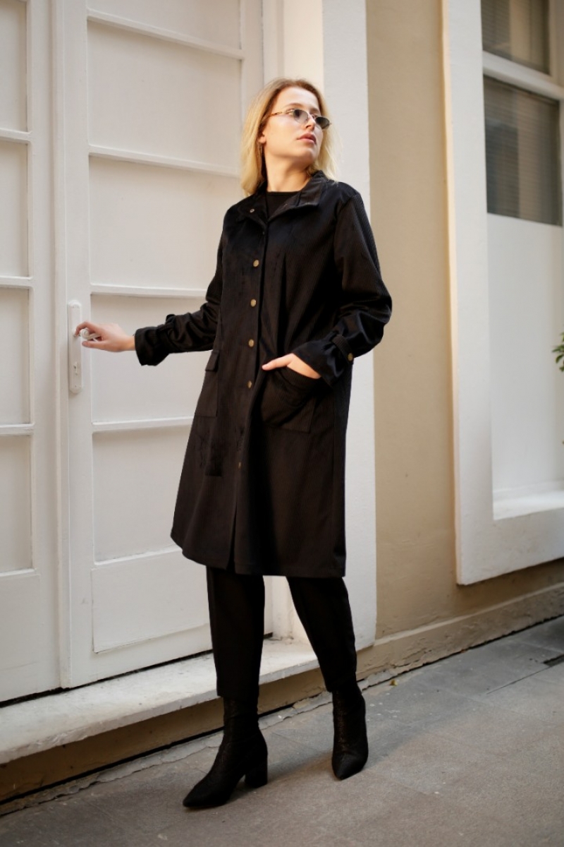 Carmel Siyah Kadife Trençkot