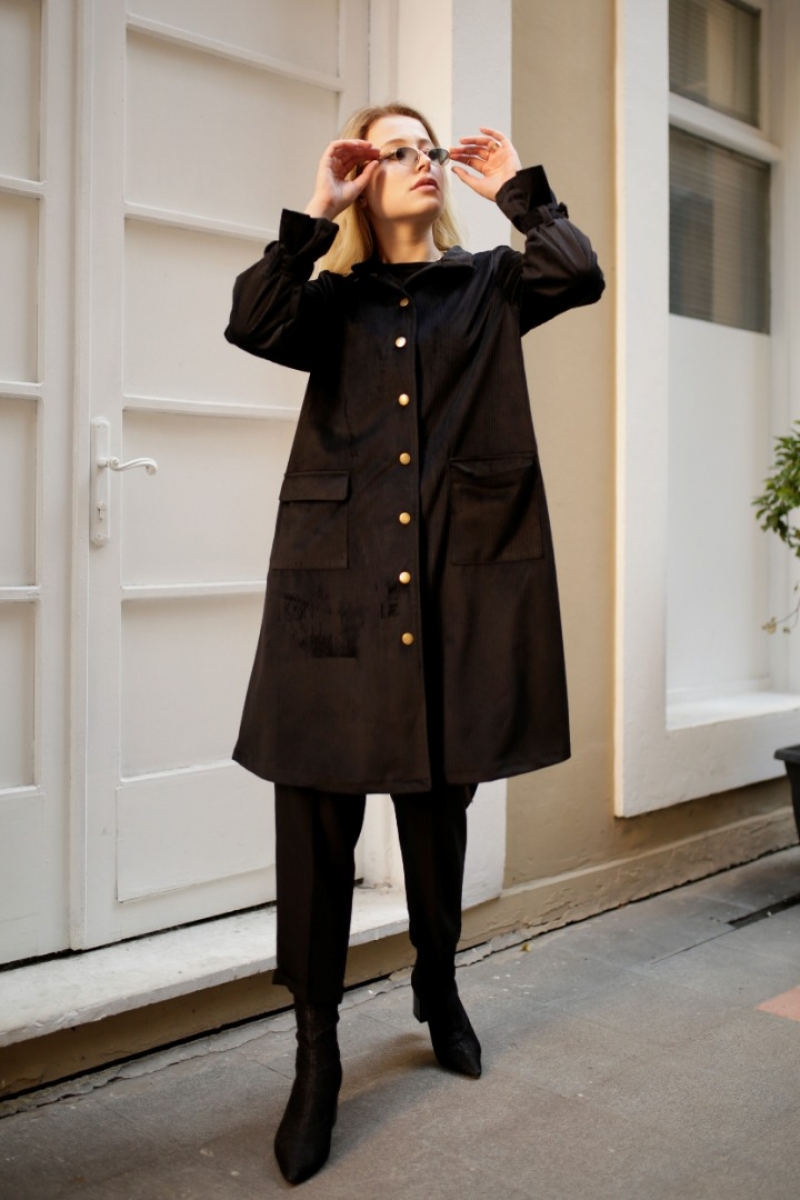 Carmel Siyah Kadife Trençkot