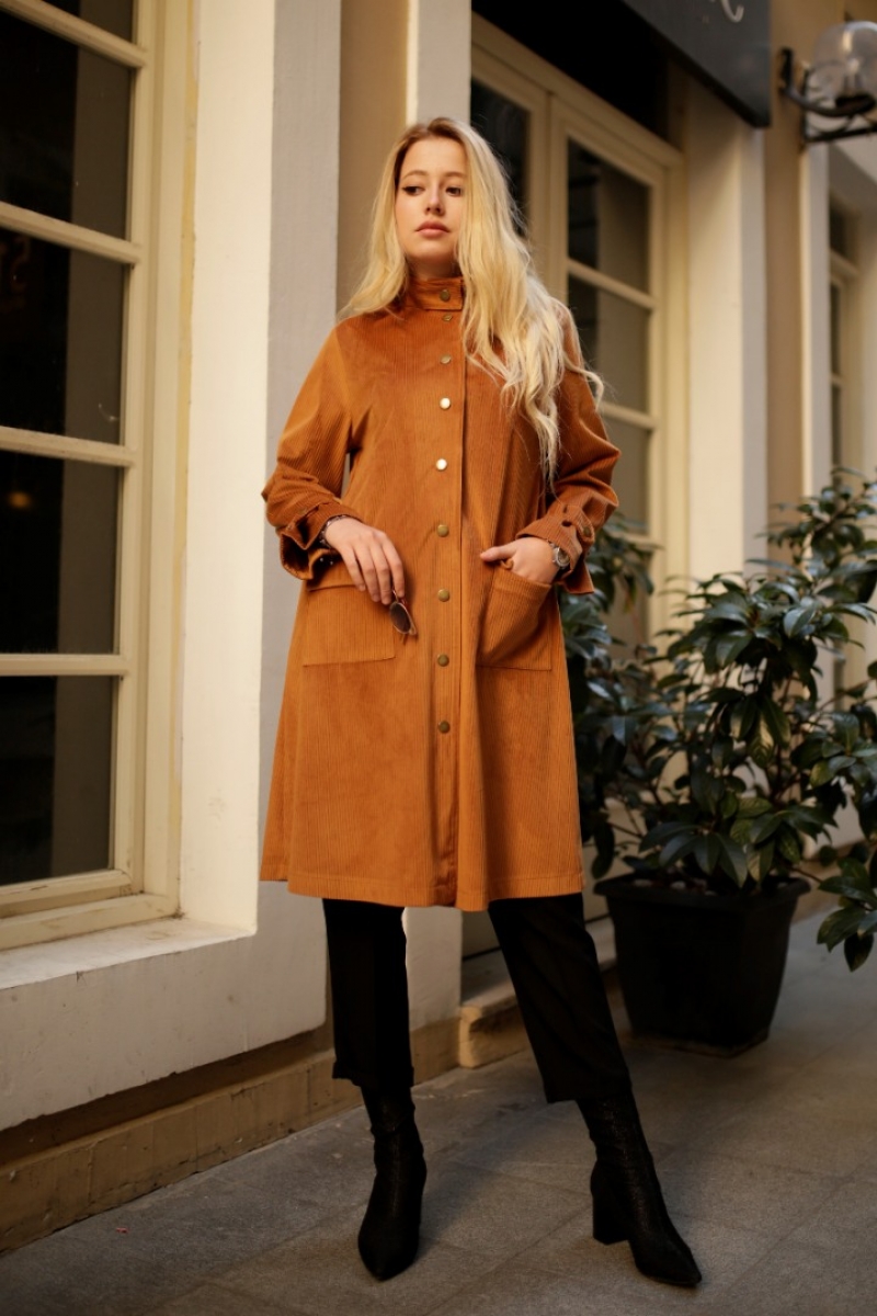 Carmel Camel Kadife Trençkot