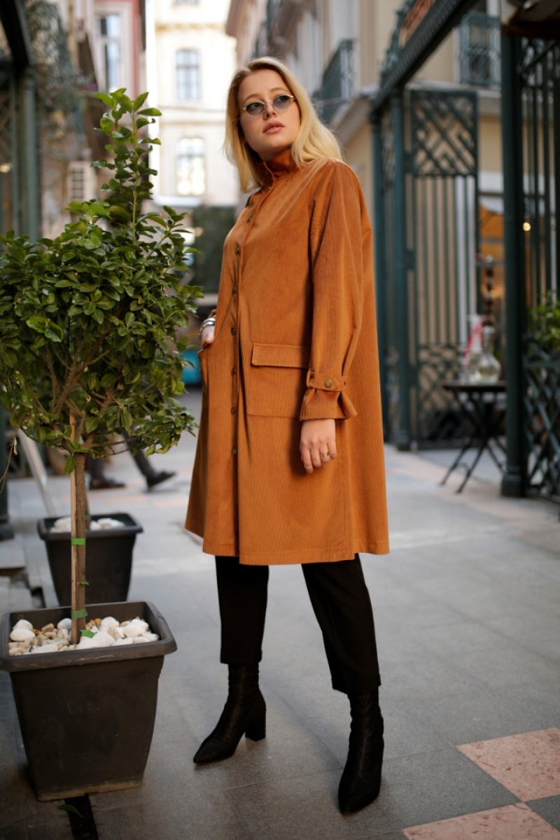 Carmel Camel Kadife Trençkot