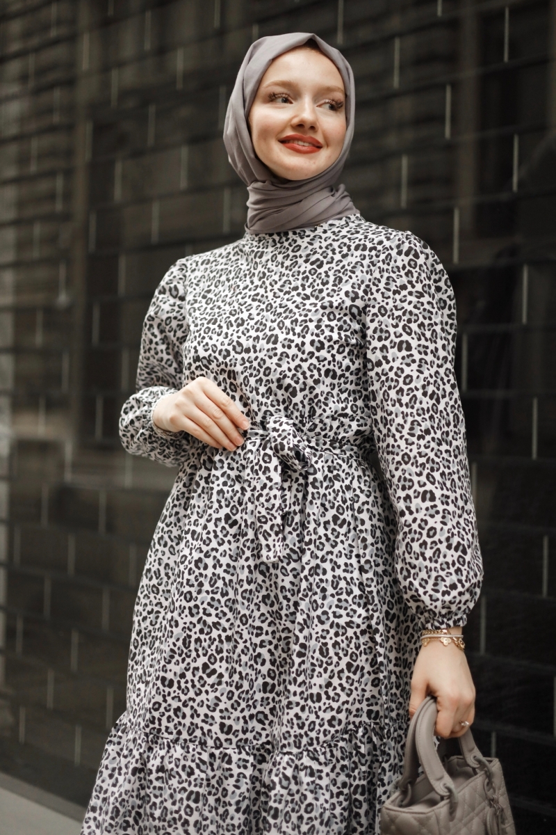 Emla Leopar Desen Siyah Elbise