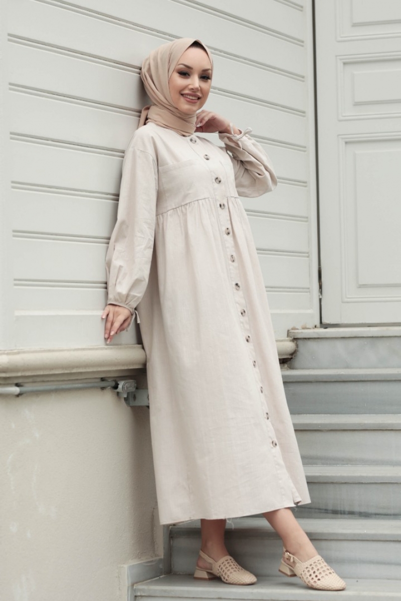 Karmona Bej Keten Elbise