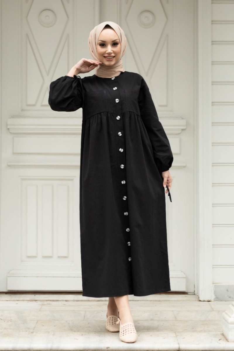 Karmona Siyah Keten Elbise