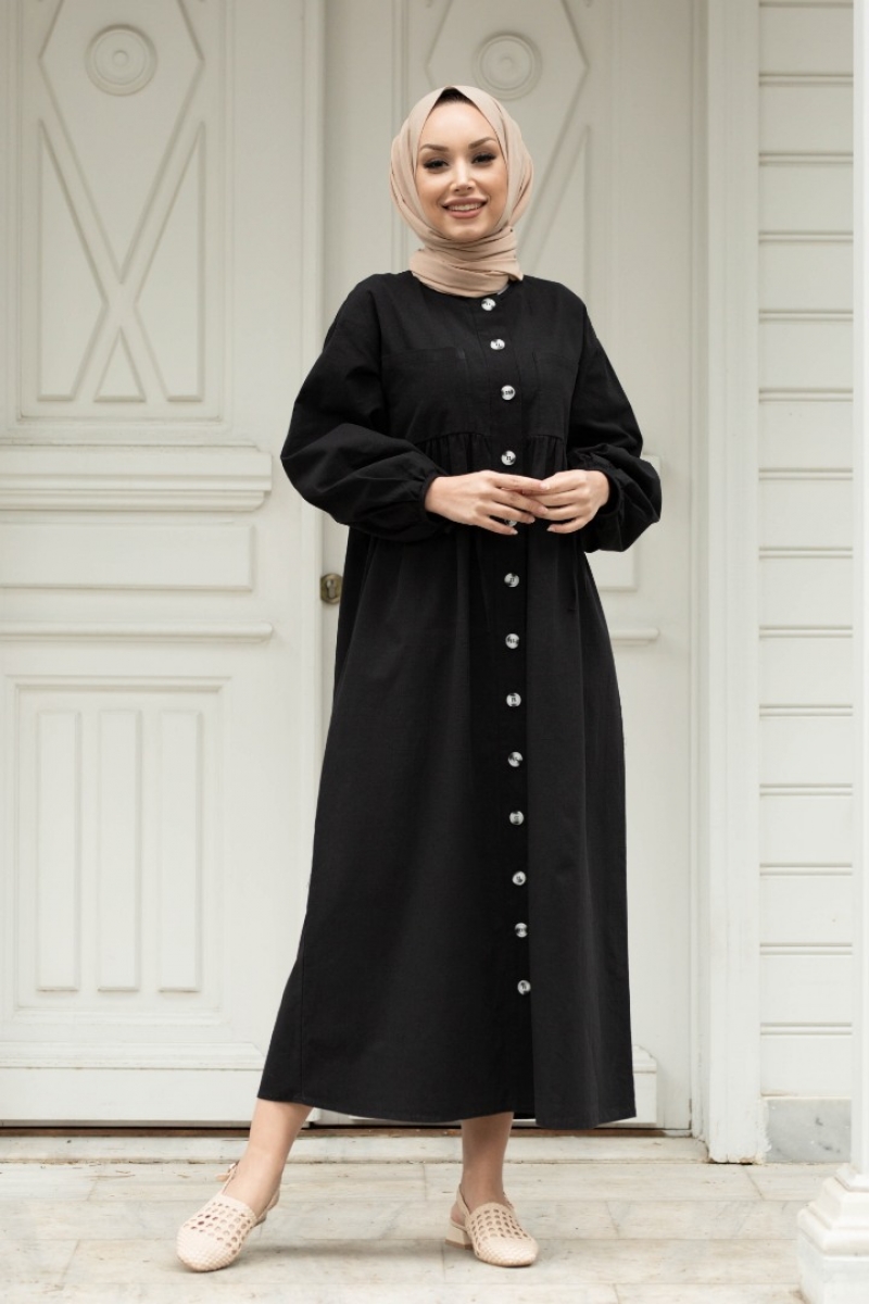 Karmona Siyah Keten Elbise