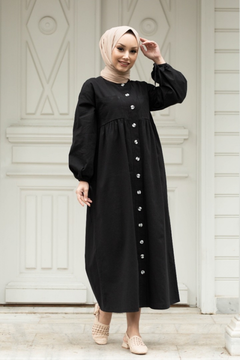 Karmona Siyah Keten Elbise