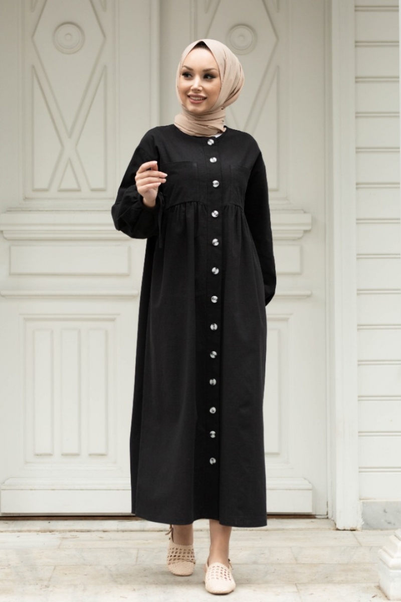 Karmona Siyah Keten Elbise
