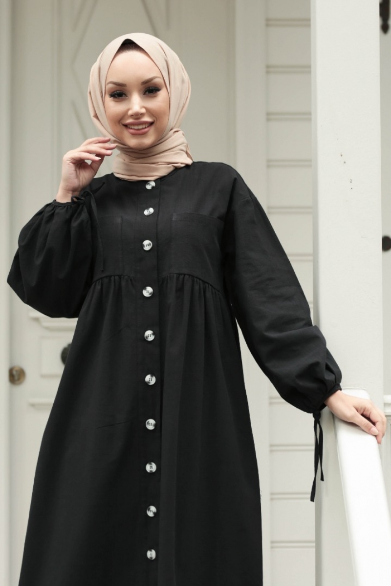 Karmona Siyah Keten Elbise