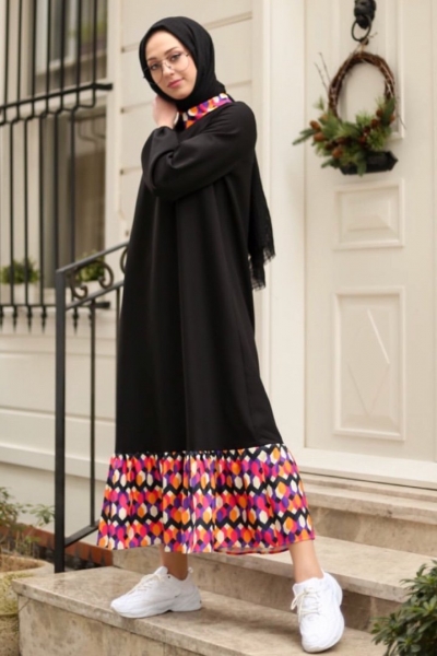 Masha Siyah Fuşya Desen Elbise