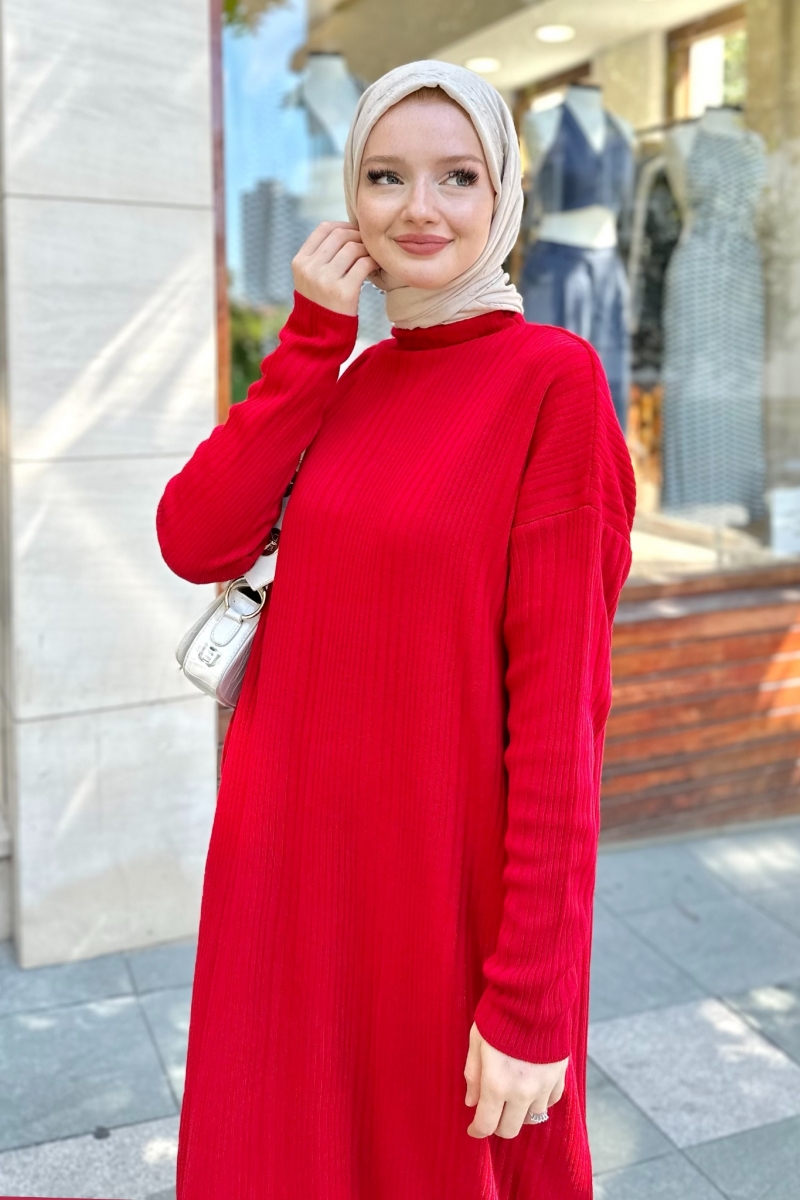 Mave Kırmızı Triko Elbise