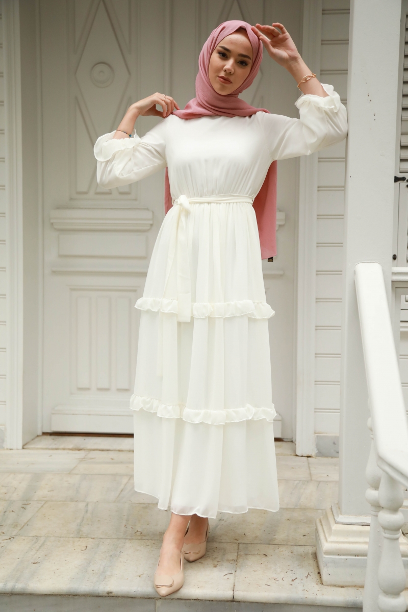 Monica Beyaz Şifon Elbise