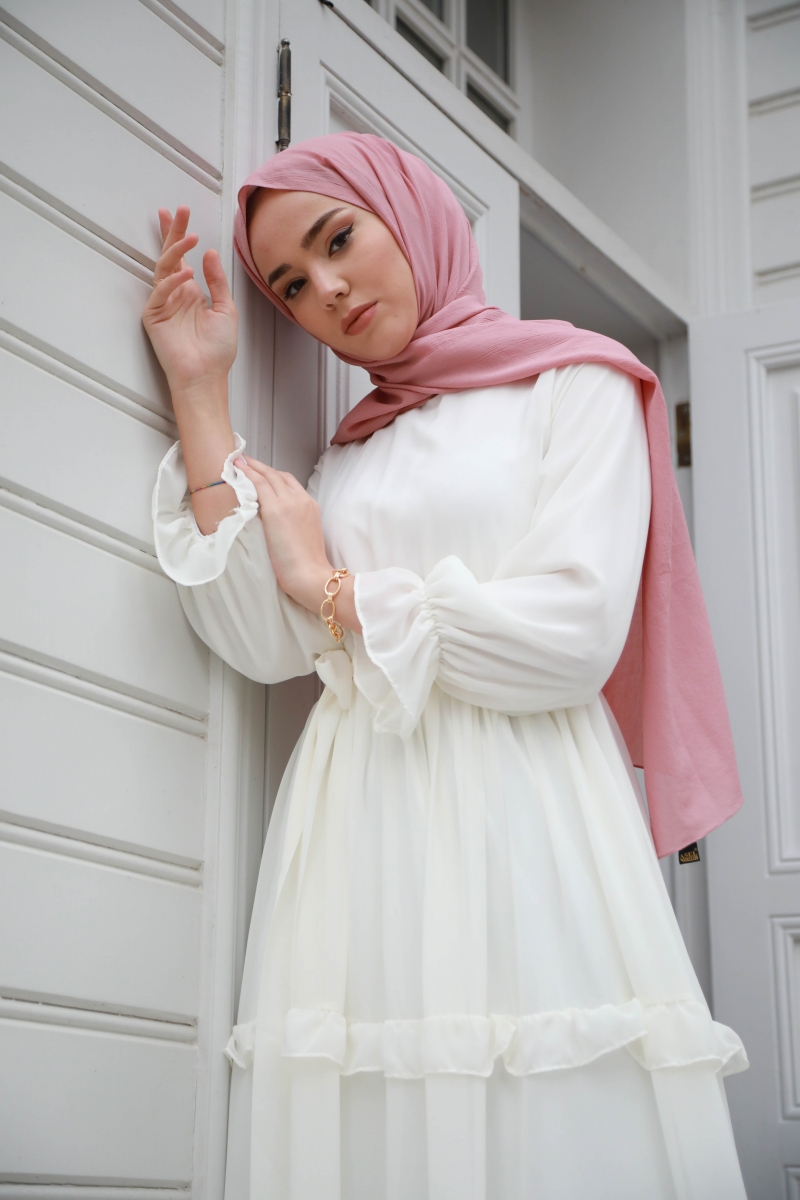 Monica Beyaz Şifon Elbise