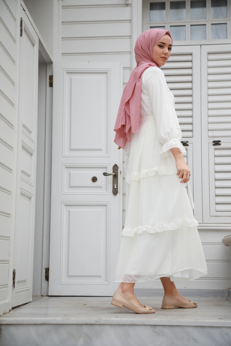 Monica Beyaz Şifon Elbise