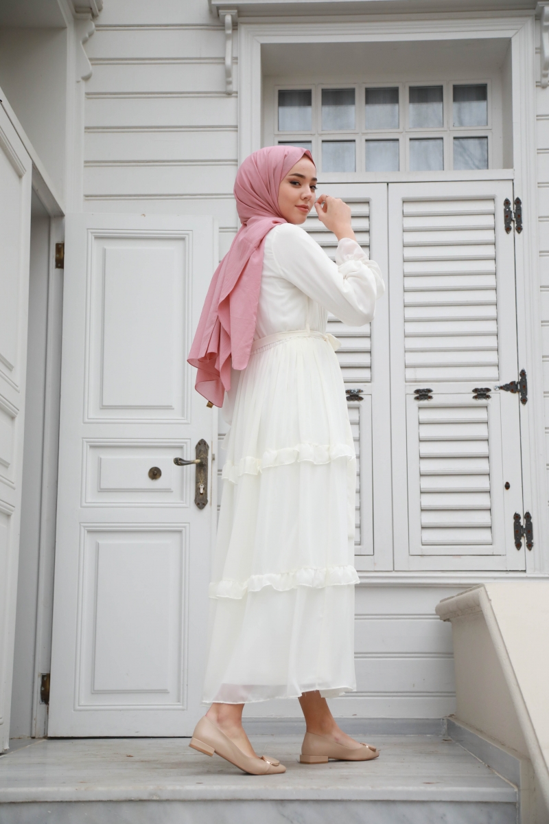 Monica Beyaz Şifon Elbise