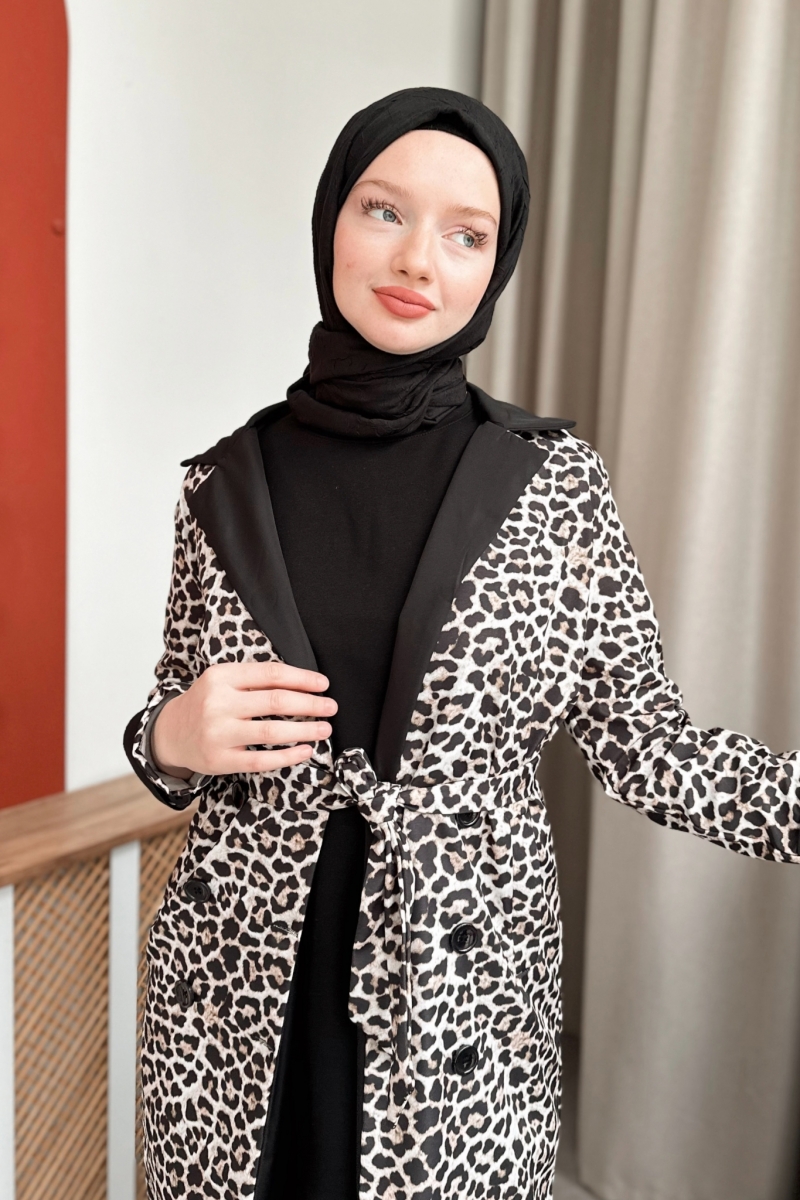Pall Kahverengi Leopar Desen Trençkot