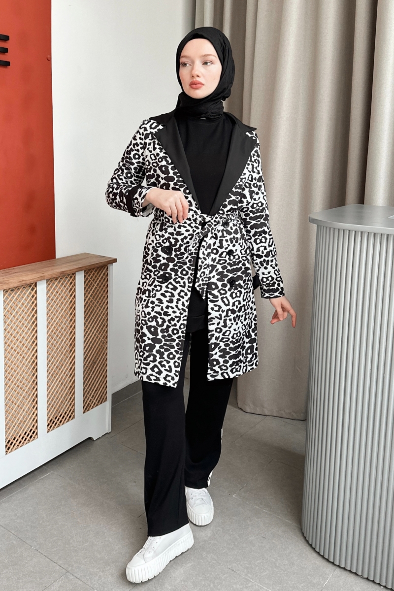 Pall Siyah Leopar Desen Trençkot